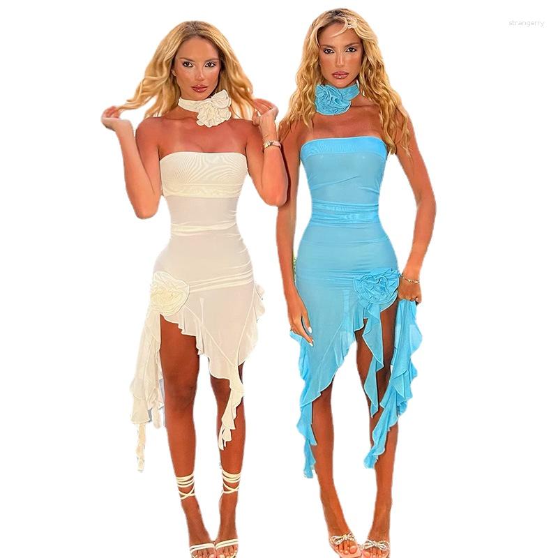 

Casual Dresses Mesh See Through Ruffles Tassels Fairy Flower Sexy Waist Wrapping Dress For Women Summer Beach Holiday Short Dressing, Black