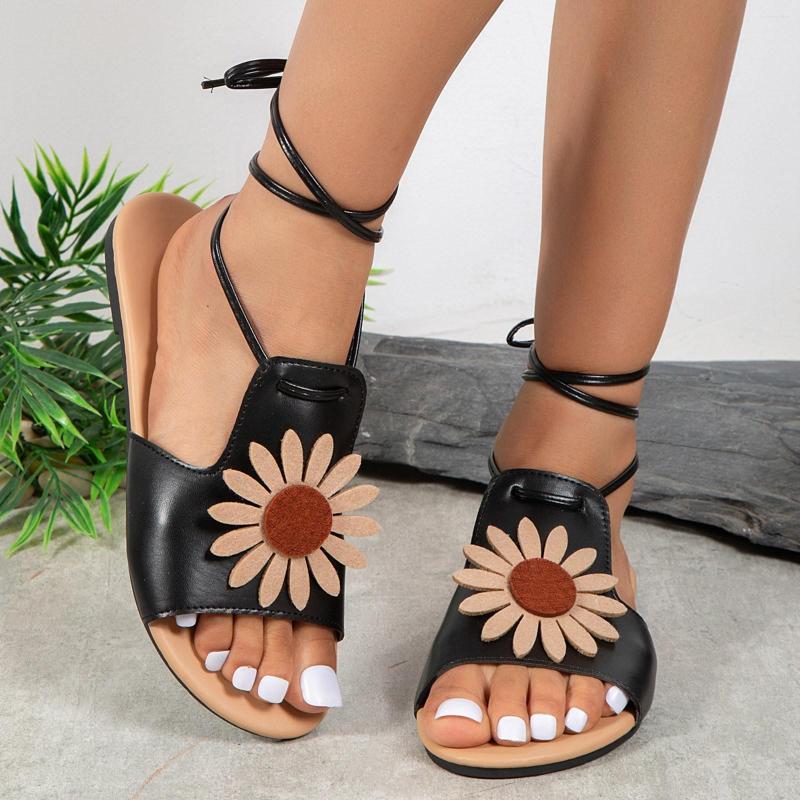 

Sandals Women Shoes Fashion Flat Strappy Fish Mouth Sunflower Wrap, Black