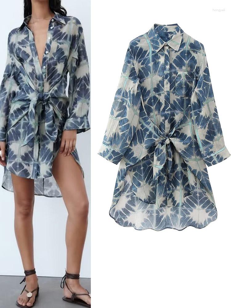 

Casual Dresses 2023 Women Summer Shirts Dress Vintage Print Drawstring Bow Tie Loose Female Elegant Street Mini Clothing