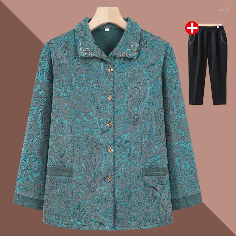 

Women's Blouses Grandma Clothes Spring Fall Long Sleeve Lapel Shirt Tops Middle-aged Elderly Women Blouse Bright Silk Embroidery Cardigan, Blue