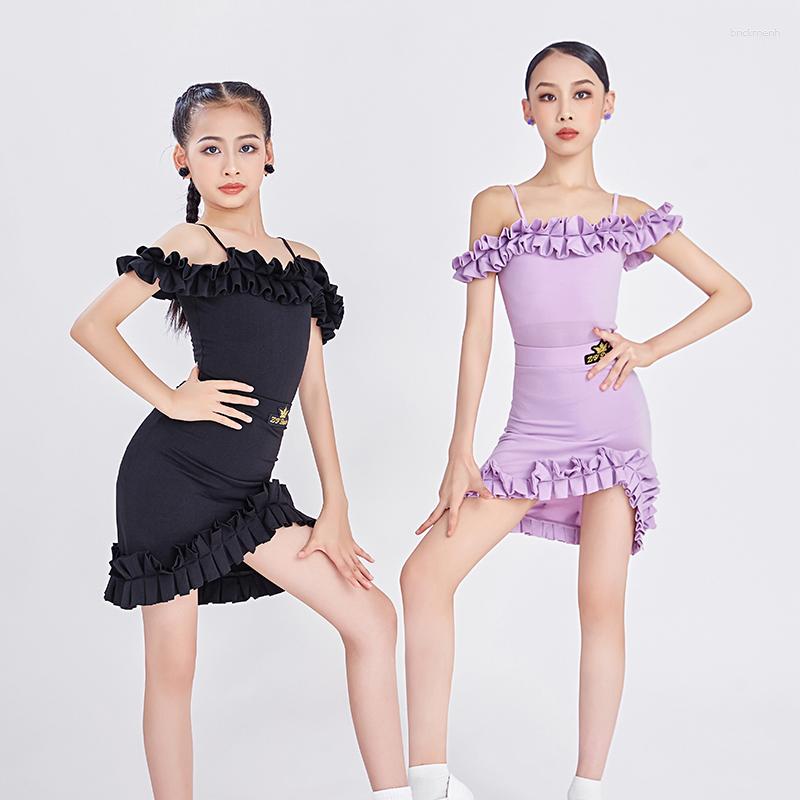 

Stage Wear Ruffle Sleeveless Latin Dance Dress Girls Ballroom Competition Children Clothes Practice SL7715, Purple