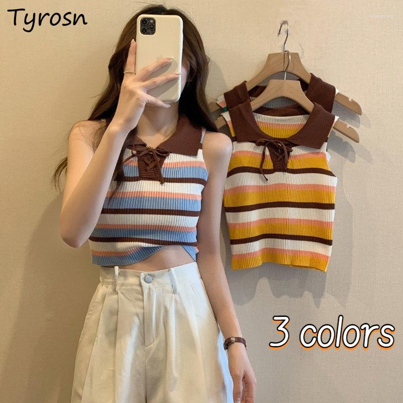 

Women's Tanks Panelled Women Retro Cropped Design Striped Daily Slim Sexy All-match Summer Bandage Personality Korean Style Girls, Blue