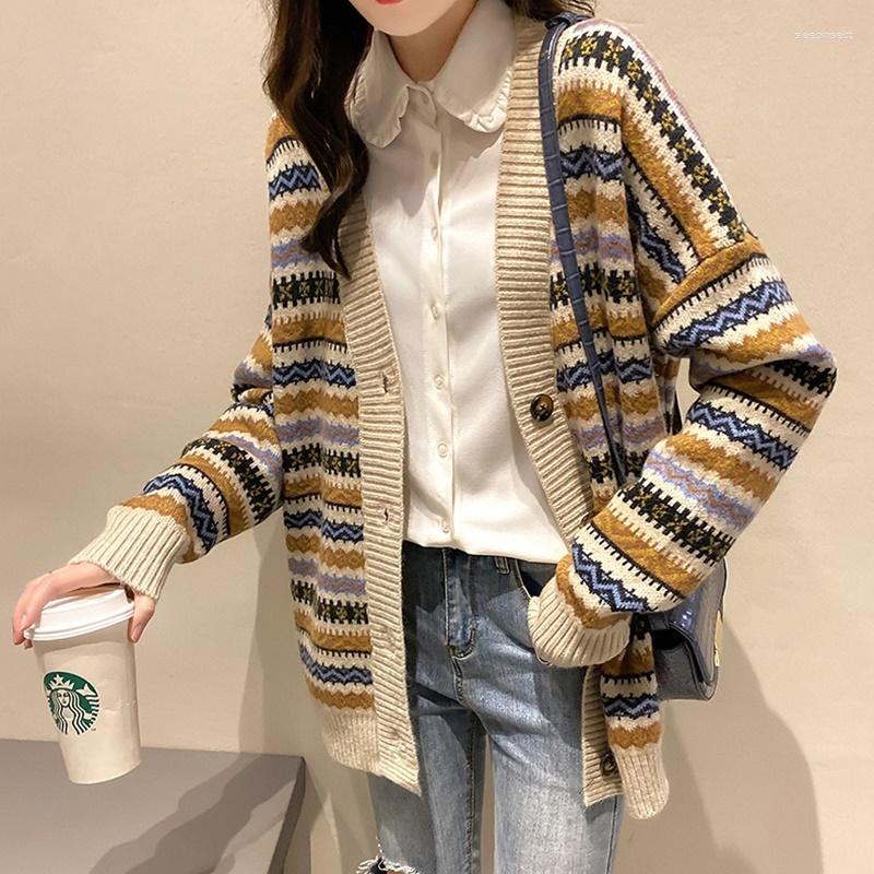 

Women's Knits Knitted Printted Women Sweater Cardigans Single Breasted Long Sleeve Korean Style V Neck Loose Tops 5564