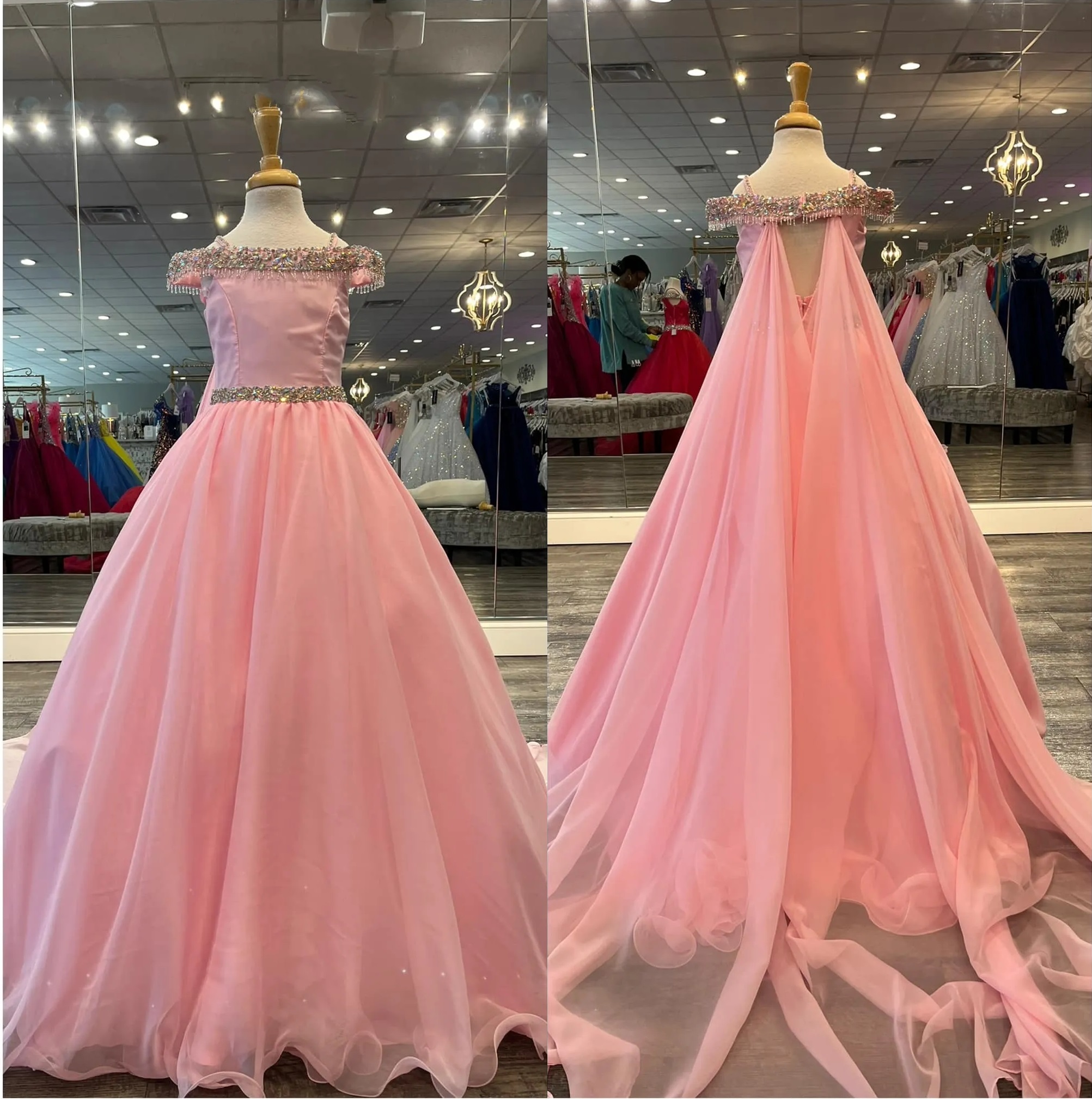 

Pink Girls Pageant Dress Ballgown with Cape Beading Chiffon Little Kid Birthday Formal Party Wedding Guest Runway Gown Toddler Teens Preteen Off-the-Shoulder