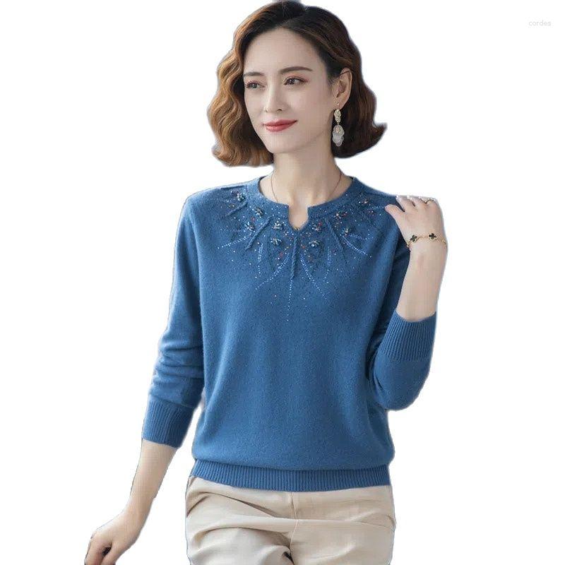 

Women's Sweaters Wool Pure Nail Bead Spring Autumn 2023 Sweater Women's Loose Short Keep Warm Bottom Fashion Mother's Top, Blue