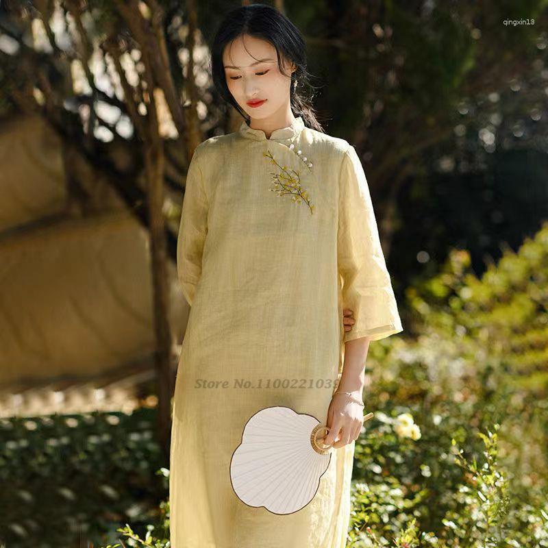 

Ethnic Clothing 2023 Chinese Vintage Qipao Dress Women National Flower Embroidery Cheongsam Retro Cotton Linen Oriental