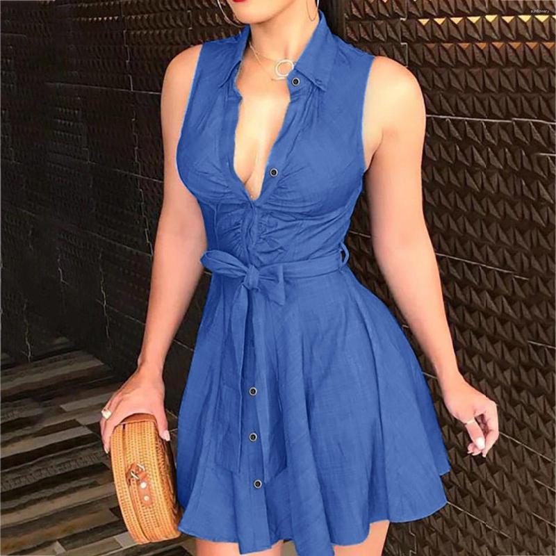 

Party Dresses Summer Womens Fashion V-neck Sleeveless Print Lace-up Buttons Casual Holiday Beach Mini Vestidos De Mujer Z, Rd