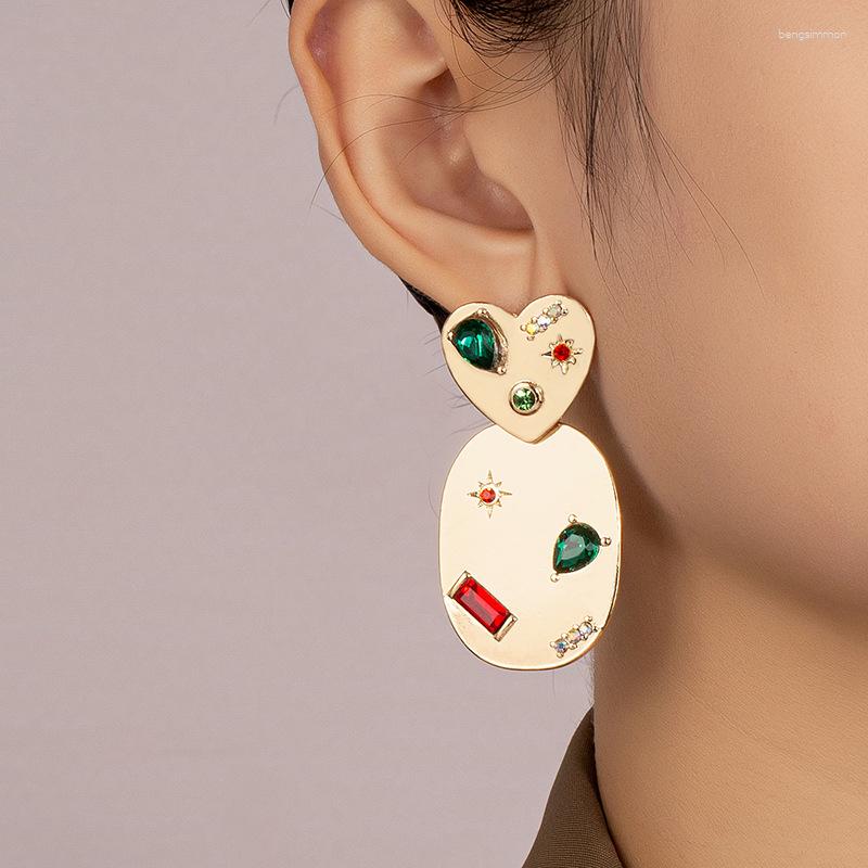

Dangle Earrings French Vintage Exaggerated Alloy Heart Colored Rhinestone Geometry For Women Fashion Light Luxury Temperament Jewelry