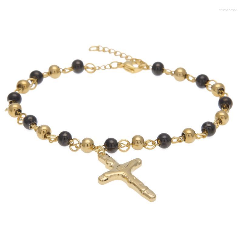 

Link Bracelets Chain Cross 6MM Stainless Steel Beaded Jesus Bracelet Men's Fitness Hip Hop Performance Accessories Raym22