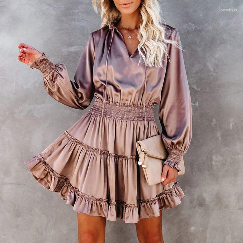 

Casual Dresses Elegant Satin Patchwork Solid Mini Dress Women Fashion Long Sleeve Elastic Waist Ruffle Summer Sweet Ladies Party Outfit, Picture shown