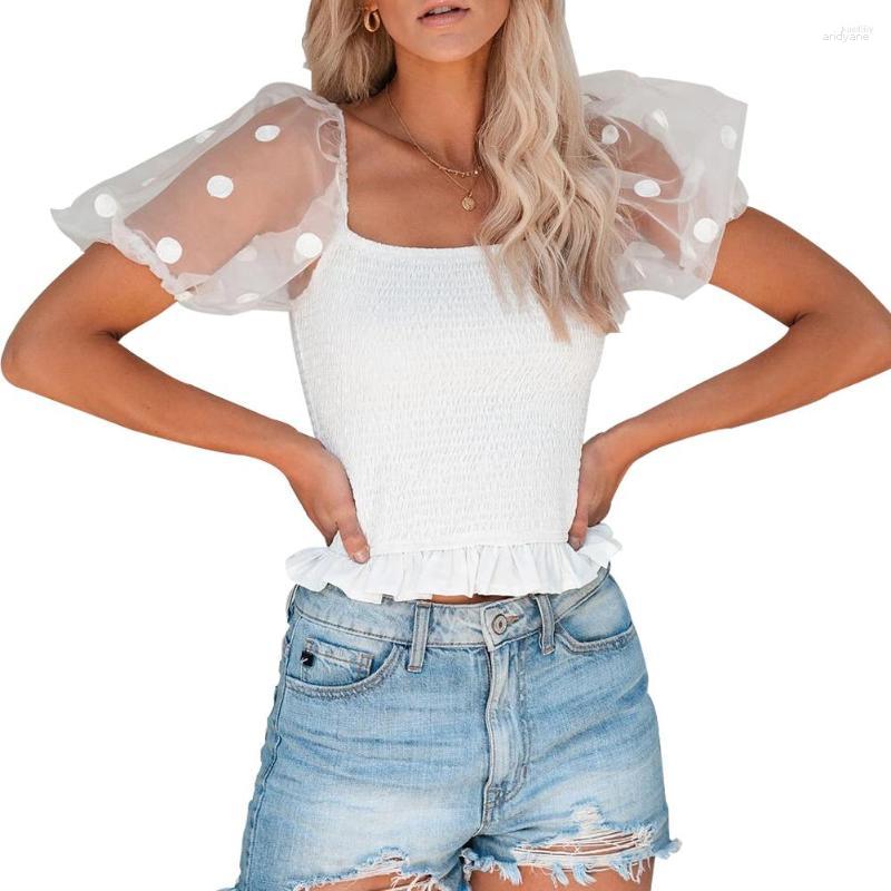 

Women' Blouses Women' Ladies Solid Color Short Top Spring Summer Women Puff Sleeve Stringy Selvedge Mesh Splicing Blouse Female, Black