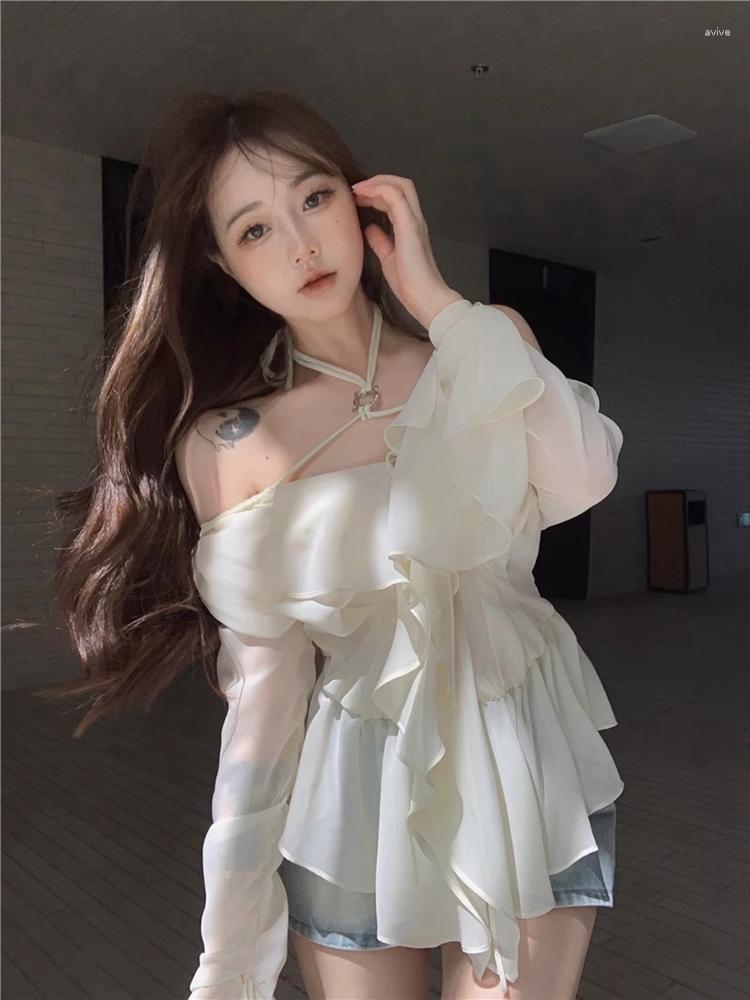 

Women' Blouses Korejepo French Ruffle Edge Shirt Off Shoulder Hanging Neck Long Sleeve Chiffon Shirts Summer Irregular White Top, Creamy-white