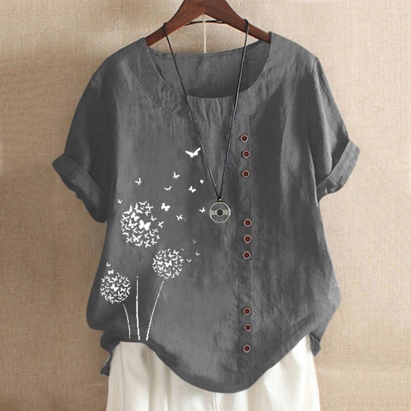

Women' Blouses Summer Women' Linen Shirts Vintage Short Sleeve Crew Neck Dandelion Printed Tops Female Harajuku Casual Loose Tee, Black