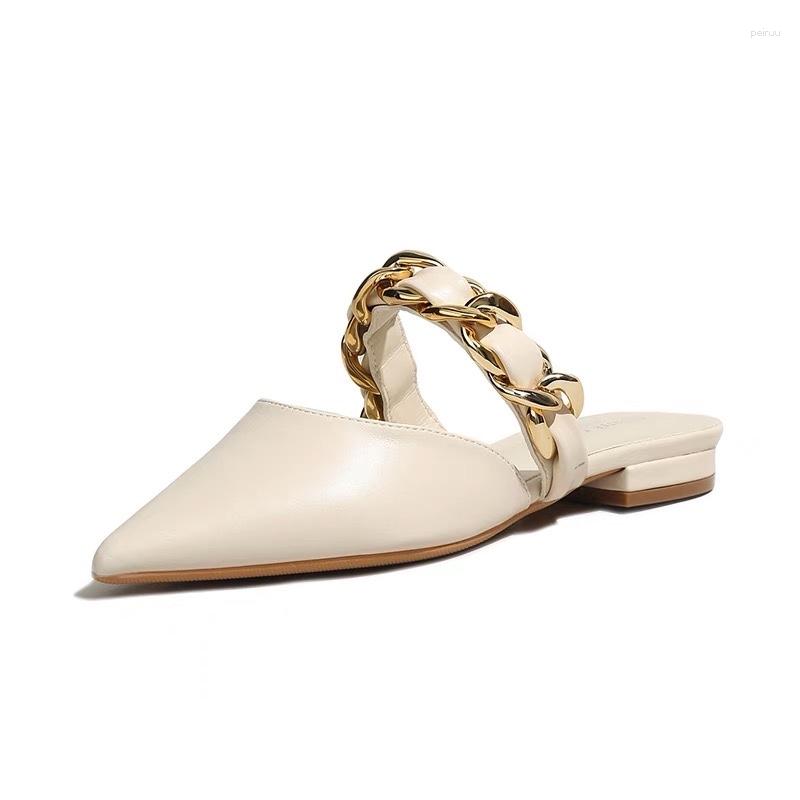 

Slippers Arrival Metal Decoration Women Sandals Low Heels Party Pointed Toes Prom Lady Slides Shoes Zapatos De Mujer 2023, Beige