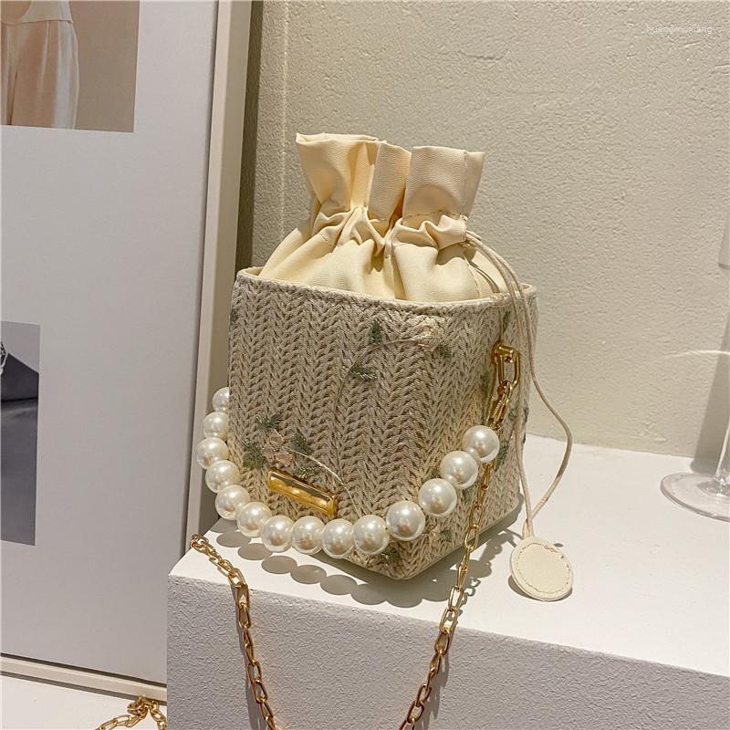 

Evening Bags Sling Bag Women Pearl Handbag Women's Small Square Fashion Chain Shoulder Woven Bucket, Khaki