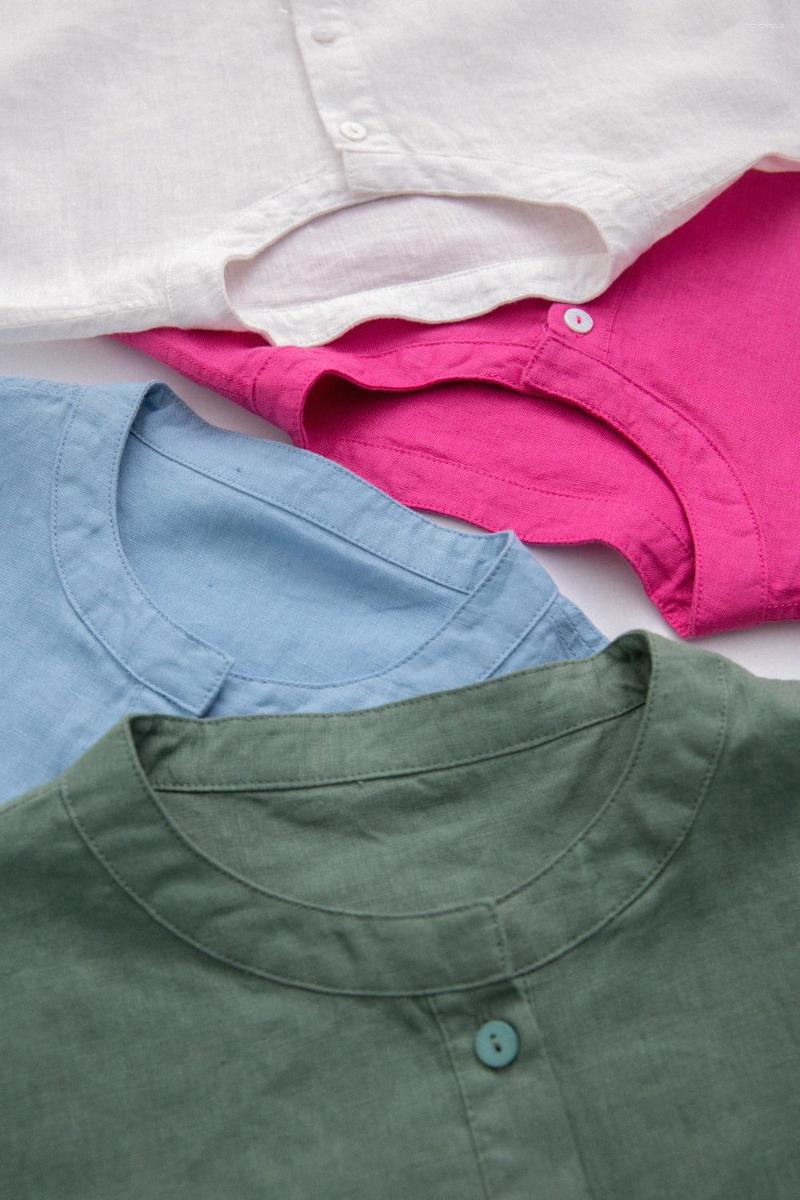 

Women's T Shirts Good Color White Clean Pure Linen Standing Neck Short Sleeve Shirt Women's Summer Heather 23757, Sky blue
