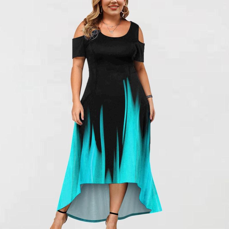 

Casual Dresses Plus Size 5XL Elegant Off Shoulder Dress For Women Boho Floral Print Loose Beach Summer Hollow Out Party Maxi, Sky blue