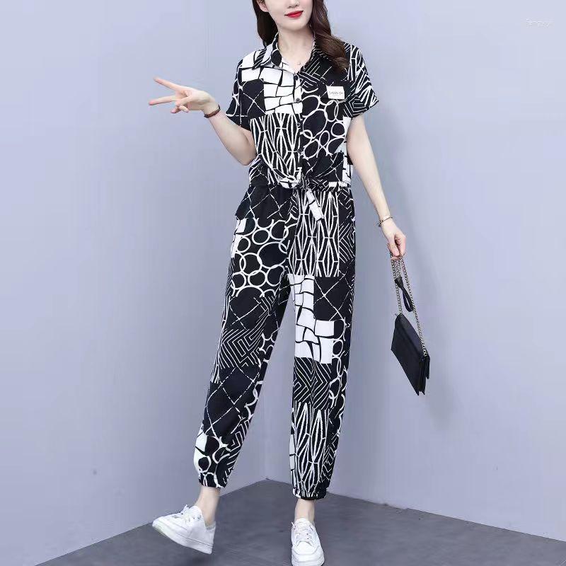 

Women's Two Piece Pants 5XL Summer 2023 Geometric Print 2 Sets Womens Outfits LOOSE Leisure Oversize Suit Elastic Waist Streetwear XC175, Black