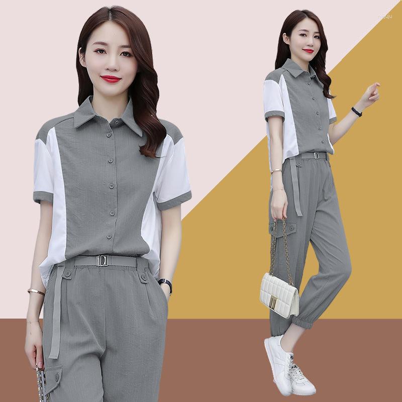 

Women's Two Piece Pants 2023 Summer Women Fashion Sports Suits Female Short Sleeve Patchwork Shirts And Loose Harem Ladies Sets Z32, Gray