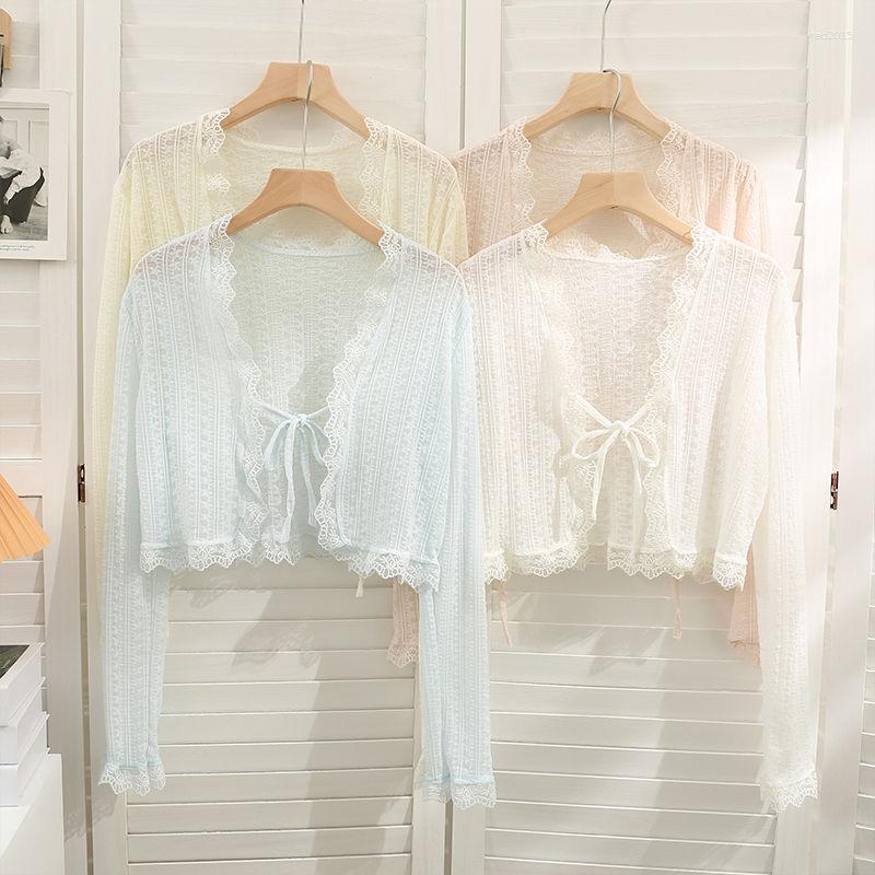 

Women's Jackets Bow Tie Short Sunscreen Shirt Women's Lace Splicing Wood Ear Long Sleeve Small Shawl Summer Casual Jacket, Blue