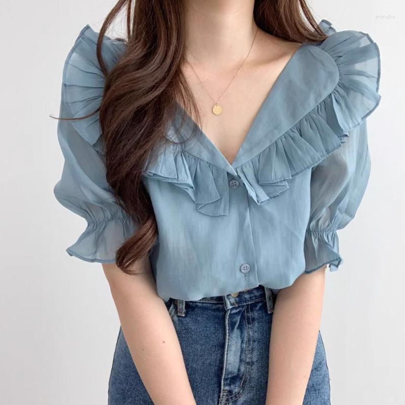 

Women' Blouses Women Sexy V Neck Chiffon Shirt Camisas Ruffled Short Sleeve Doll Crop Top Perspective White Femme Blusas Mujer, Blue