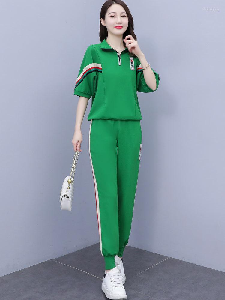 

Women's Two Piece Pants Summer High Quality Sport Casual Fashion Sets 2023 Striped Short Sleeve Stand Collar Sweatshirts And Suits Feminina, Black