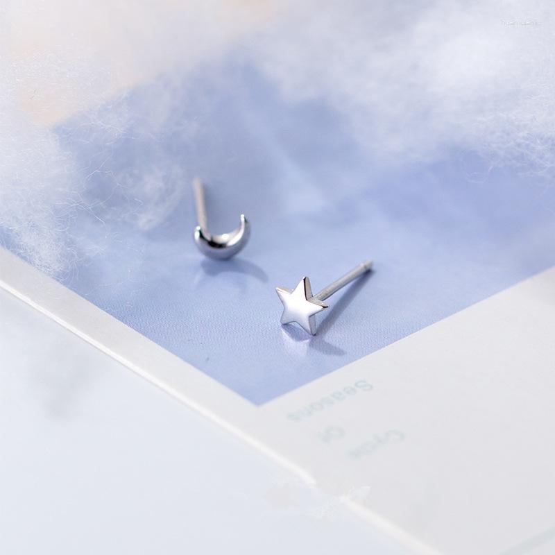 

Stud Earrings Stamp S925 Sterling Silver Star Moon Asymmetry Mini 5MM For Girls Child Kids Contracted Simple Jewelry