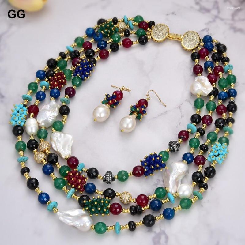 

Necklace Earrings Set GuaiGuai Jewelry 4 Strands White Keshi Pearl Agate Jade Turquoise Gems Stone Cz, Picture shown