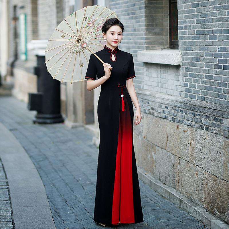 

Ethnic Clothing Black Plus Size 5XL Female Rayon Aodai Qipao Chinese Dress Gown Shawl Party Prom Novelty Cheongsam Vintage Button Maxi