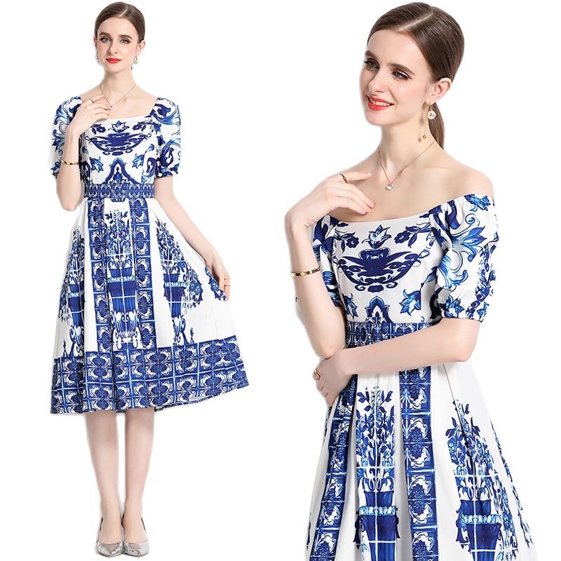 

Summer Floral Short Sleeve Midi Dress 2023 Women Designer Vacation Blue and White Porcelain Print Slim Ruched Square Neck Vintage Dresses Ballgown Female Vestidos