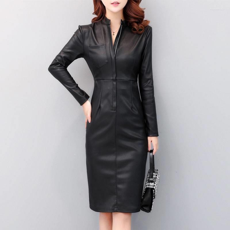 

Casual Dresses 2023 Fall Winter Plus Size Velvet Dress Korea Fashion Women Sexy Knee-length Long Sleeve Zip Pu Leather Bodycon, Black