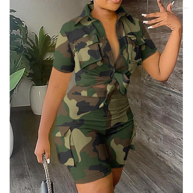 

Women' Tracksuits Women Casual Summer Two Piece Set Outfits Fashion Camouflage Print Pocket Design Top & High Waist Shorts, Blue