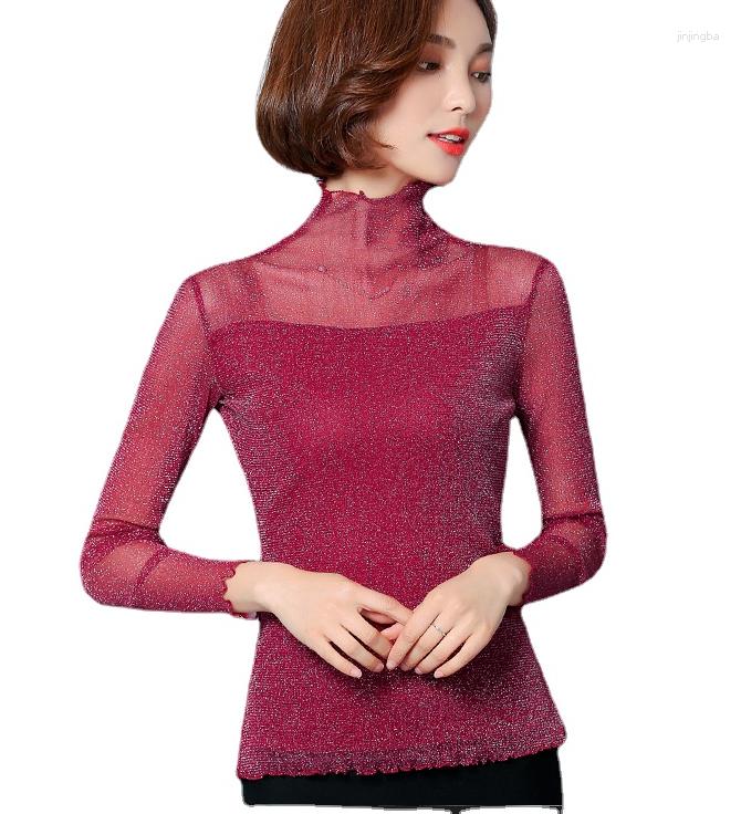 

Women's T Shirts 2023 Autunmn Sexy Transparent Long Sleeve Turtleneck Shiny Gold Mesh T-shirts Women Bodycone Silver Lace Top, Black