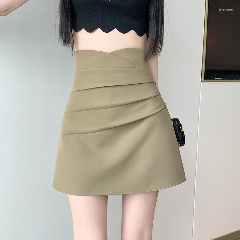 

Skirts 2023 Summer Fashion Hihg Waist A-line Mini Skirt Korean Ladies Elegant Folds Package Hip Womens Casual Short, Black