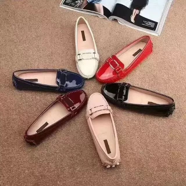 

Dress Shoes Beach Casual Sandals Women Shoes Classic Summer 100% Patent Leather Flat Belt Buckle Lady Metal Cowhide Letter Brown Bow Work Large size 35-42 with box, Blue[patent leather]