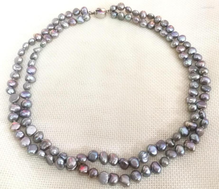 

Chains 17'' 42cm Women Jewelry 6x7mm Gray Colors Pearl Baroque Handmade 2 Rows Necklace Natural Freshwater Gift