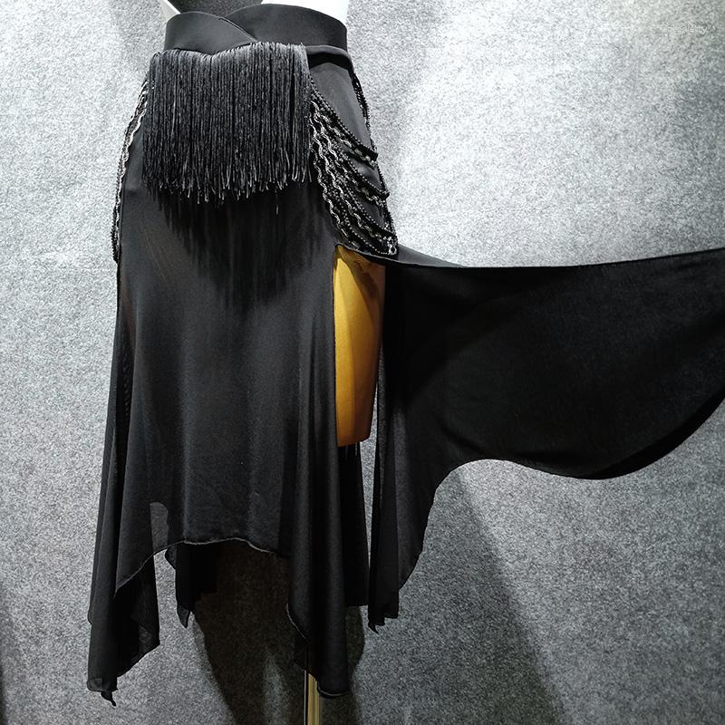 

Stage Wear 2023 Women Irregular Tassel Split Ballroom Latin Dance Skirt Cha Rumba Adult Sexy Performance Dancing DL4087, Black