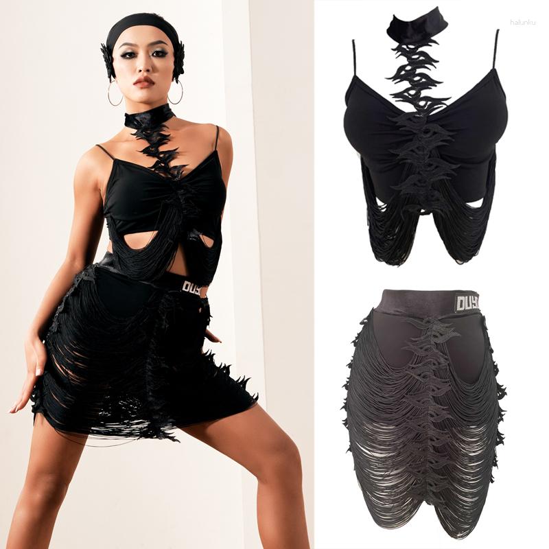 

Stage Wear Sexy Black Halter Strap Top Fringed Skirts Latin Dance Costume Tassels Suit Ballroom Performance Dancing Clothes DancewearSL6317, Black top