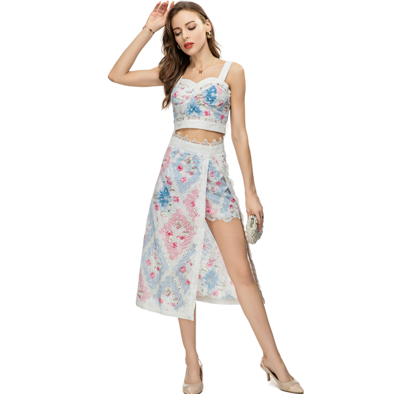 

Women's Two Piece Pants Sets Sexy Spaghetti Straps Embroidery Blouse with Asymmetrical Split Fashion Designer Twinsets, Multi