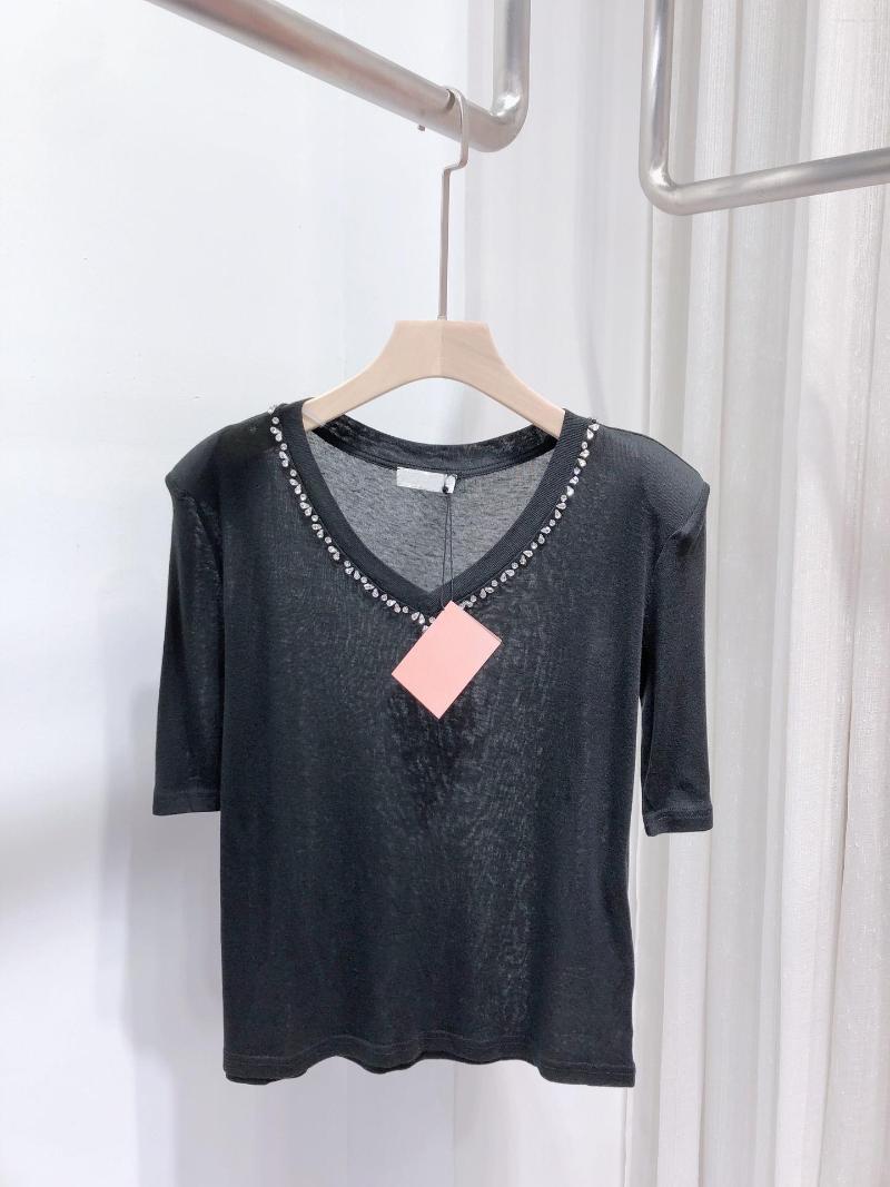 

Women' T Shirts Neckline Nail Diamond V-neck Shoulder Pad Thin Short Sleeve Casual Fashion, Black