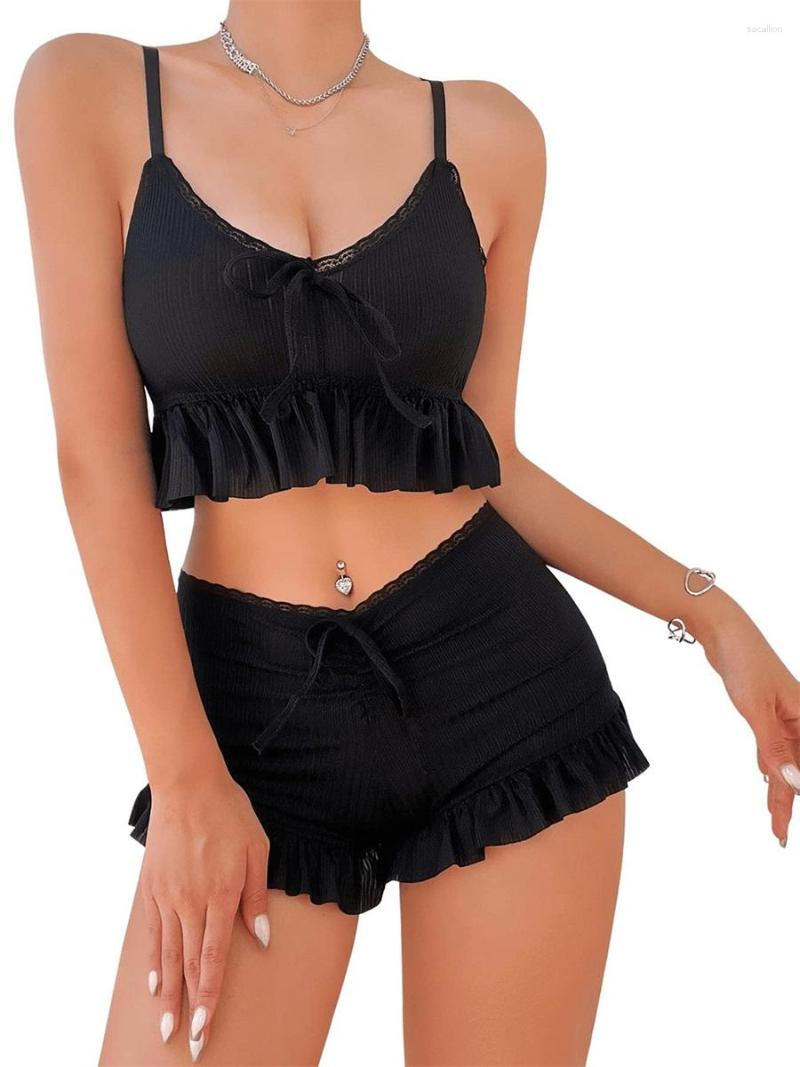 

Women' Tracksuits Women Summer 2 Pieces Lace Trim Outfits Ruffle V-Neck Sleeveelss Cami Crop Top Mini BodyconShorts Lounge Sets Y2K, Black