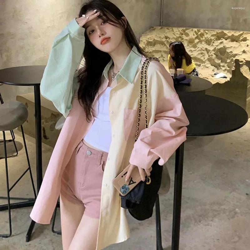 

Women' Blouses Color Block Shirt Women' Design Sense Loose Long Sleeve Female Casual Med-Length Sun Protection Cardiga Bluas Mujer, Photo color