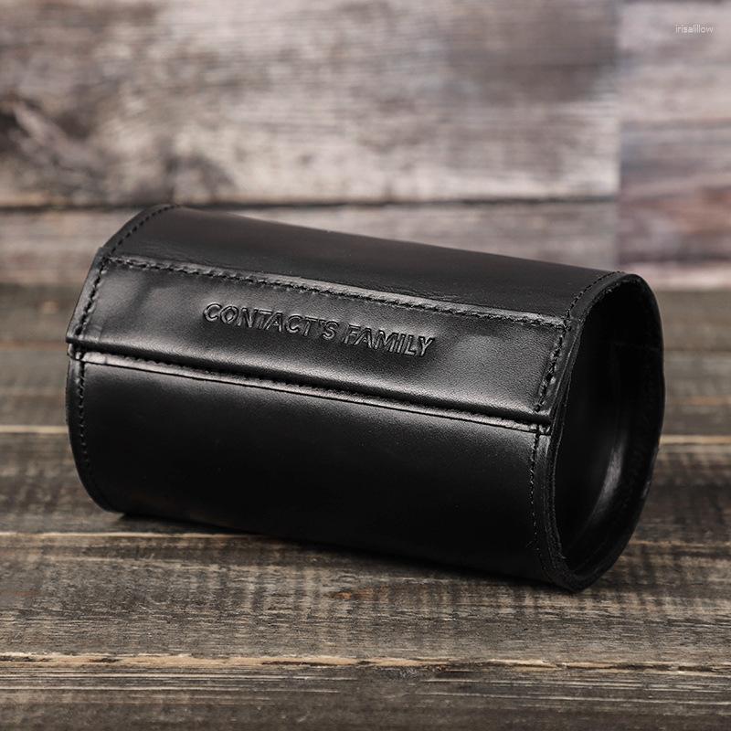 

Watch Boxes & Cases FAMILY Storage Box Black Two Roll Case Round Creative Leather Outdoor Travel Handy HolderWatch