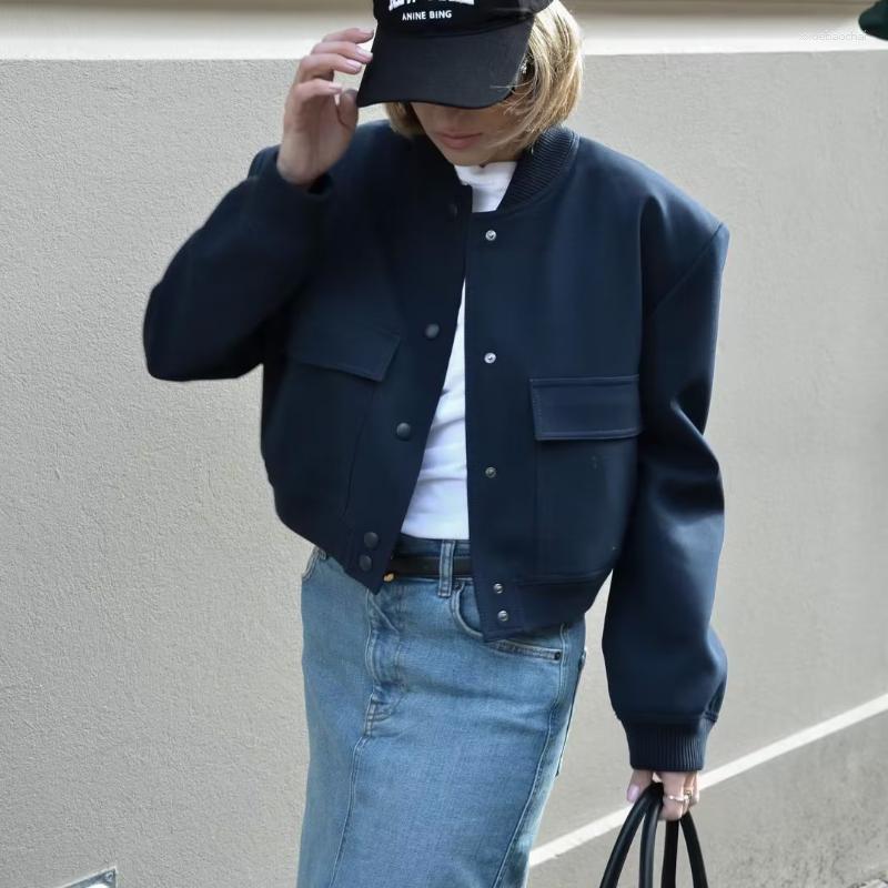 

Women's Jackets Dark Blue Cropped Jacket Women Long Sleeves Big Pockets Chic Lady High Street Casual Coats Top Female 2023, Black