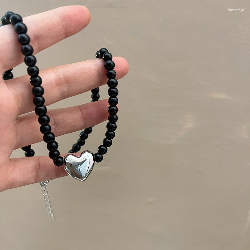 

Chains Korean Fashion Black Pearl Beaded Silver Color Heart Necklace For Women Aesthetic Jewelry Clavicle Chain Accessories