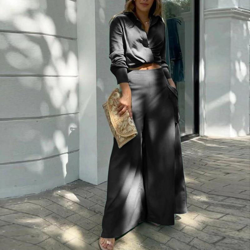 

Women's Two Piece Pants Autumn Solid Color Slim Suit Women's Long Sleeve V-neck Pullover Shirt Top Zipper High Waist Pocket Wide Leg, Emerald green