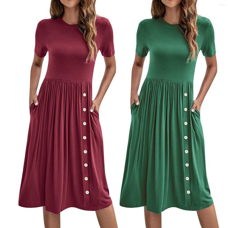 

Casual Dresses Women' Short Sleeve Summer Solid Color Button Down Pocket Knit Dress, Green