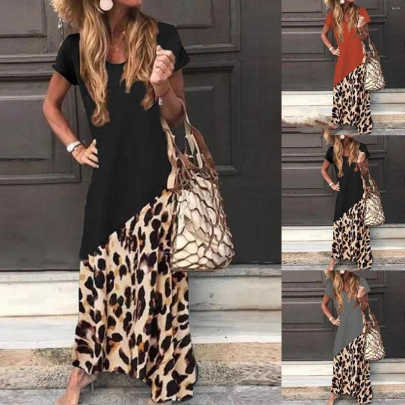 

Casual Dresses European And American Summer Women's Short Sleeved Leopard Print Loose Splicing Extra Long Halter Neck Maxi Dress