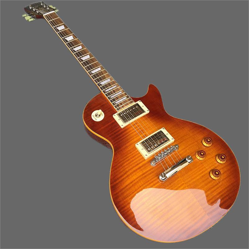 

High quality 6-string lp electric guitar with solid mahogany body, bacon flame maple top, customizable, chrome-plated hardware