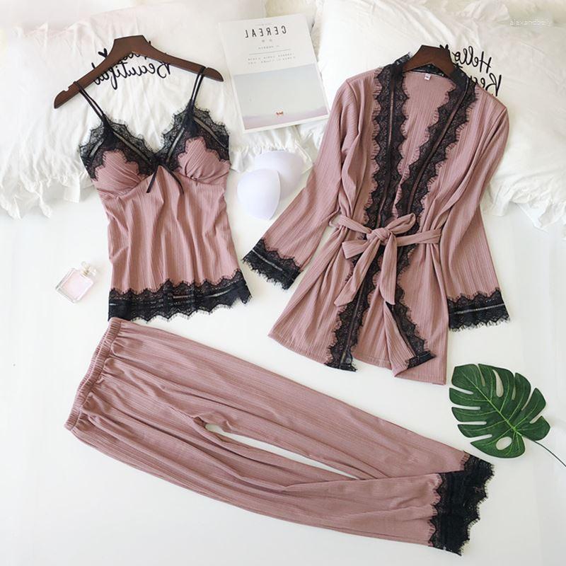 

Women's Sleepwear Autumn And Winter Women Pajamas Set 3PCS Pyjama Long Sleeve Sexy Lace Robe Cami Pants With Bra, Pink